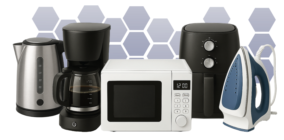 Washer Dryer, Play Station, and other kitchen appliances with text: £4.25 per appliance, just £25.50 per month for 6 items