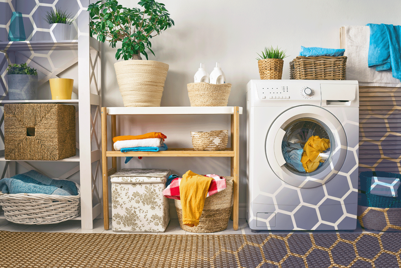 Washing machine in a home laundry room with the text: 'Get an Instant Quote for Your Home Appliances'