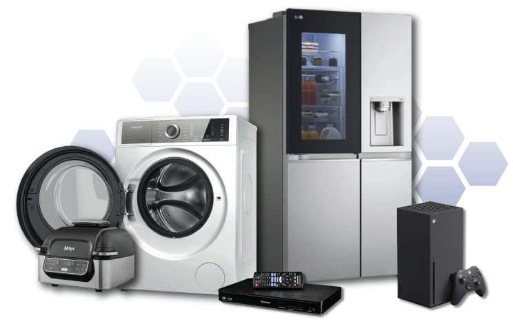 Home appliances including american fridge freezer, games console, sky box, air fryer and washing machine