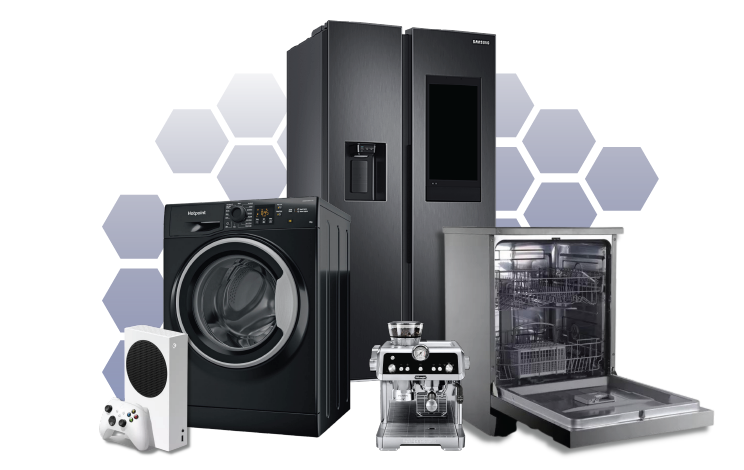 Games console, dishwasher, and other kitchen appliances with text: £4.50 per appliance, just £22.50 per month for 5 items